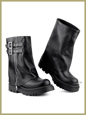 Women's Mid Calf Fold Over Moto Combat Boots Faux Leather Platform